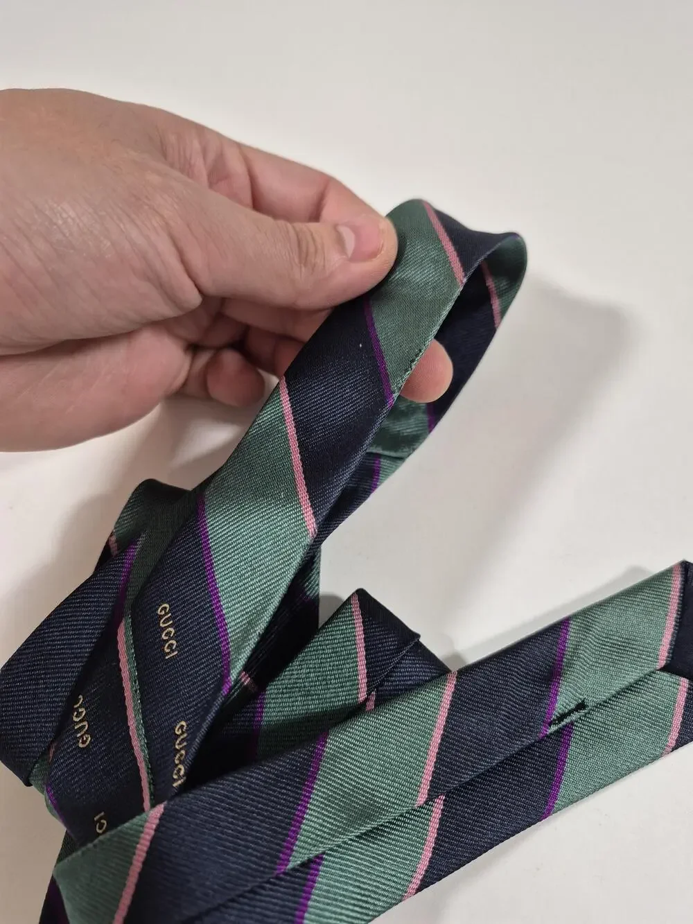 Gucci Tie Men's OS Green Striped Designer Woven Logo FLAW